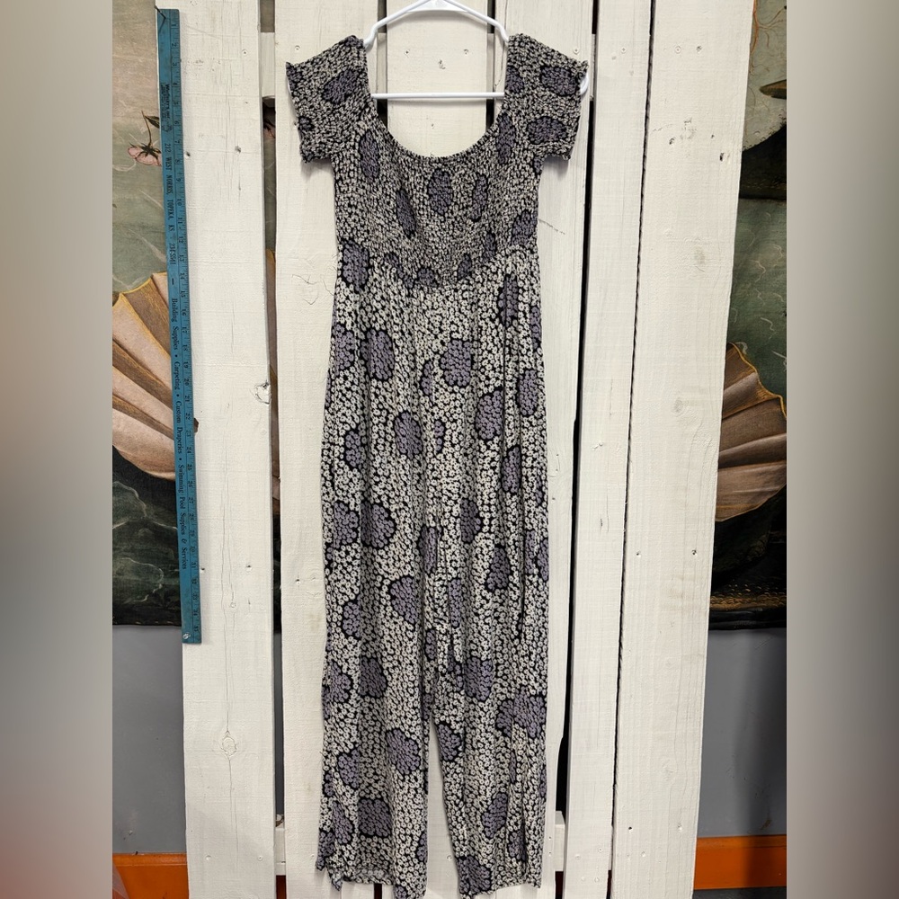 Rewind Romper Jumper Jumpsuit Small floral black purple white pants off shoulder
